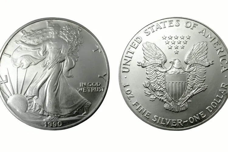 Silver dollar coins on a white background